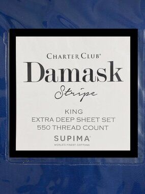 new COBALT BLUE STRIPE Charter Club 550 TC 100% Cotton KING EXTRA DEEP Sheet Set